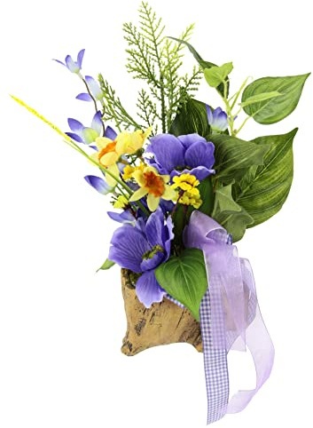 Gesteck aus künstlichen Narzissen Anemonen und Beiwerk im Topf in Holzoptik Künstliches Unechte Gefälschte Deko Kunstblumen Osterdeko Frühjahrsdekoration Tischdeko Frühjahr Floristik Blumendeko