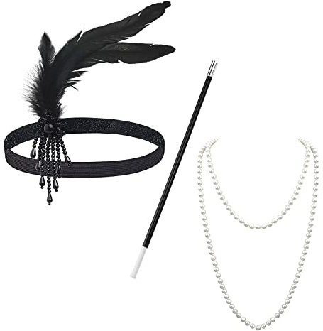 MIVAIUN Serre-tête à Plumes Des Années 1920 3 Pièces Set Thématique D'accessoires Gatsby Showgirls des Années 1920 Bandeau Collier de Perles（3 Piece Set）
