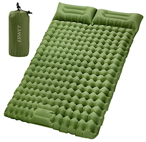 ERWEY Materassino autogonfiabile per 2 persone, 200 x 135 cm, ultraleggero, da campeggio, gonfiabile, con pompa a piedi, pieghevole, con cuscino