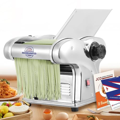 Moongiantgo Macchina per la Pasta Fresca Elettrica Tirapasta Elettrico Acciaio Inox con Lame da 1,5mm, 4mm e 9mm, 9 Grado di Spessore Regolabile 0,3-3mm per Fettuccine, Tagliolini, Spaghetti, Ravioli