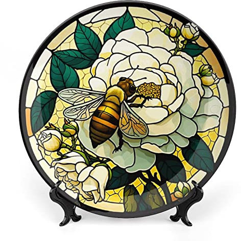 Gokays Piatti decorativi da appendere alla parete, in vetro colorato, con piatto in ceramica con api, piatto oscillante con espositore, decorazione per la casa per mobili da cucina, vassoio rotondo da