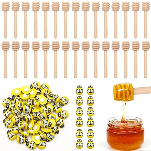 Scettar Miele Bastoncini Legno,30 Pezzi Spargimiele in Legno con 30 PCS Piccola Ape Mini Decorazioni Resina,Stick del Miele Dipper per Bomboniere Compleanno Matrimonio