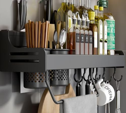 Bettschlange Gewürzregal Ohne Bohren, Gewürzregal Wand Hängend mit Messerschlitz, Haken, Becher, Küchenregal Ohne Bohren für Küche und Bad, Gewürz Organizer Wand Für Küchenutensilien,50cm Schwarz