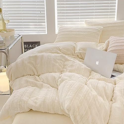 AShanlan Plüsch Bettwäsche 135x200 Winter Warme Flauschig Cashmere Touch Bettbezug Teddy Fleece Winterbettwäsche Set mit Reißverschluss und Kissenbezug 80x80 cm Creme Weiß