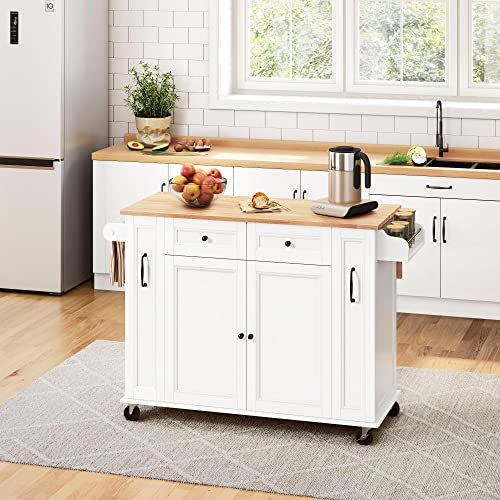 Yaheetech Mobile Kücheninseln Servierwagen auf Rollen, Küchenwagen mit Klappbarer Arbeitsplatte & Handtuchhalter & Gewürzhalter, 132 cm L × 48 cm B × 91,5 cm H Weiß