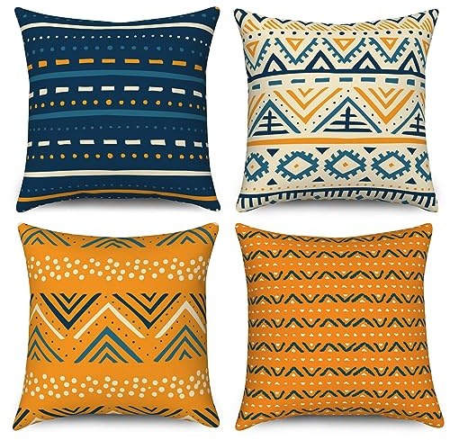 ASDCXZ Boho Kissenbezug 50x50 cm 4er Set, Modern Boho Geometrie Streifen Blau Gelb Sofa Dekokissen Kissenbezüge Kissenhülle Waschbar Polyester Flachs Textil Polster Kopfkissenbezug Kissen Bezug