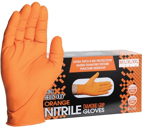 ForPro Professional Collection Heavy Duty Disposable Nitrile Gloves, Orange, 8 Mil, Industrial Grade, Raised Diamond Grip, Latex-Free, X-Large, 100-Count