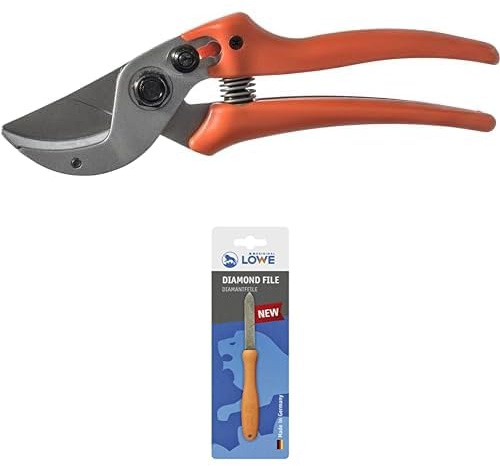 Original LÖWE Set bestehend aus Amboss Gartenschere 15.107 mit Bypass Geometrie für hartes Holz wie Linde, Fichte, Lärche oder Eiche & Diamantfeile 0023 für Scheren, Äxte und Werkzeuge