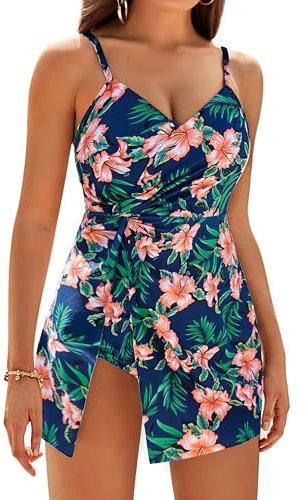 GRACE KARIN Damen-Badeanzug mit V-Ausschnitt Vorderschlitz Push-Up-Badeanzug Orangene Blume L