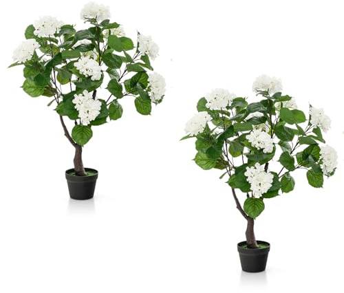 TANGZON 105CM Artificial Hydrangea Flower Tree, Faux Silk Floral Plant in Cement Pot with 11 Flowers, 88 Verdant Leaves & Simulated Trunk, Indoor Outdoor Decorative Blossom Tree for Office Garden (2)