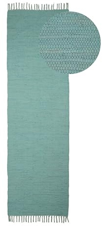 carpetfine Flickenteppich Kelim Chindi Uni Läufer Türkis 70x240 cm, handgewebt | Fleckerlteppich aus Baumwolle für Wohnzimmermit Fransen