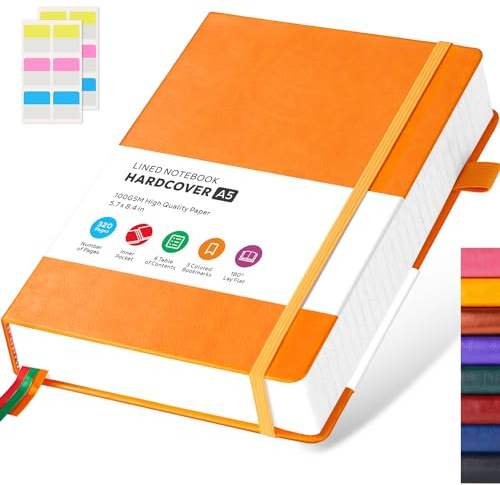 FOCUS DAY Notizbuch A5 Liniert, Tagebuch für Erwachsene, Hardcover 320 Seiten Dickes Journal Notizblock für Reisen, Arbeit, Schreiben, Lernen, 14 x 21 cm, Kunstleder, Orange Gelb