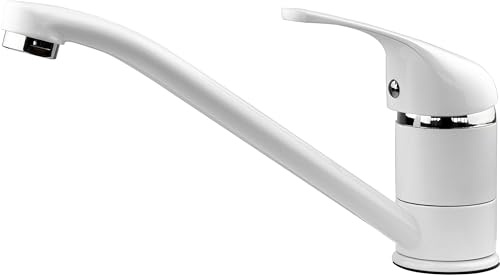 Xcel Home White Single Top Lever Kitchen Mixer Tap | Swivel Long Spout | Solid Brass Monobloc Construction with Hoses & Standard Fittings | Round Space-Saving Ideal for Sinks | Hot & Cold Water