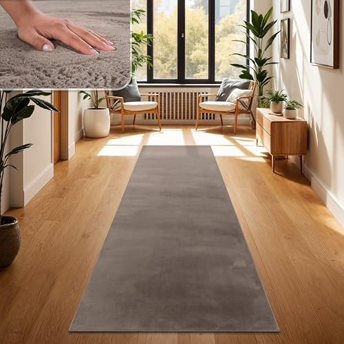 Paco Home Teppich Wohnzimmer Kunstfell weich waschbar modern elegant pflegeleicht Felloptik Uni Seidenglanz flauschig Hochflor, Grösse:80x300 cm, Farbe:Taupe