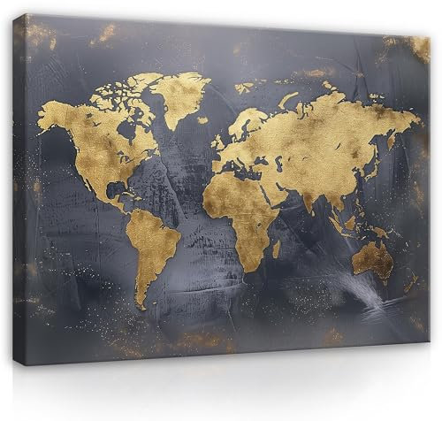WallArena - Cuadros en lienzo - Mapa del Mundo - 100 x 70 cm Cuadros en Lienzo - Cuadro XXL Grande Murales para Sala de Estar Dormitorio Sala de Estar Impresión Artística Moderna - Oro Gris Mundo