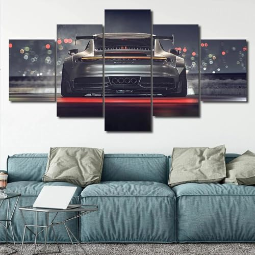 AZBESCZ Wandbilder Mit Rahmen 5 Teiliges Leinwandbild Porsch 911 GT3 Auto Sportwagen 5 Platten Poster Wandbild Kunstdrucke Büro Küche Schlafzimmer wandbilder Wohnzimmer