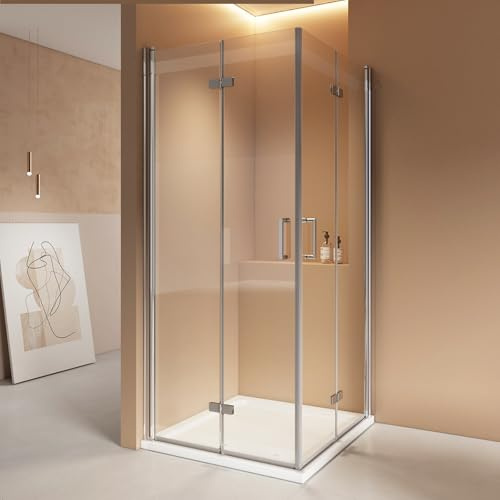 EMKE Duschkabine 75x80 cm Eckeinstieg Duschabtrennung Falttüren mit Pendeltüren 6 mm NANO-Glas Duschkabinen Scharniertür Duschtür Faltbar Dusche Duschwand 195 cm Höhe