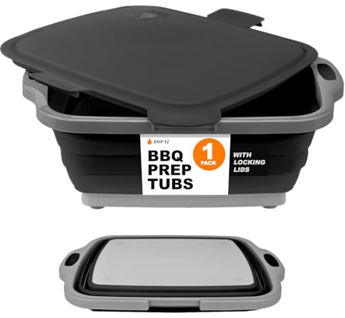 Drip EZ Collapsible BBQ Prep Tub - for Meal Prep Marinating Food Storage - Includes Cutting Board & Locking Lid - (1) JR - Black