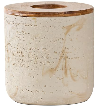 Natural Travertine Textures Beige Mini Trash Can with Bamboo Lid,Small Countertop Trash Can for Bathroom, Kitchen, Vanity, Desk Trash Can,Table Top Mini Garbage Can for Dining Room, Tiny Waste Basket