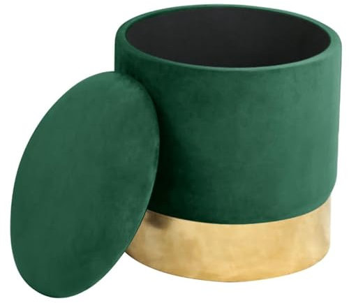 BDW Samt Pouffe GOLDEN | Fußhocker | Ablage für kleine Gegenstände | Modern | Velours Gepolstert | Deko-Pouf | Metallboden | Für das Wohnzimmer & Schlafzimmer (Grün)