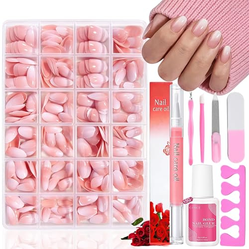 Falska naglar Tips Set – 360 stycken rosa färggradient vita falska naglar att klistra på – 15 storlekar ovala konstgjorda naglar, fingernaglar med nagelolja, penna för nagelförlängningar
