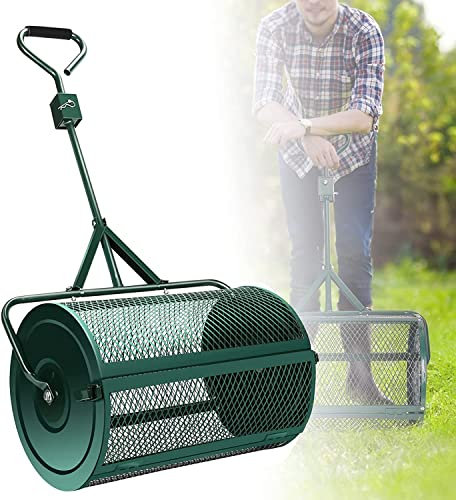 Distribuidor de turba de 24, esparcidor de abono con mango de jardín, esparcidor de canasta de malla metálica de acero, esparcidor de abono, turba, tierra vegetal, siembra, rodillo esparcidor de e