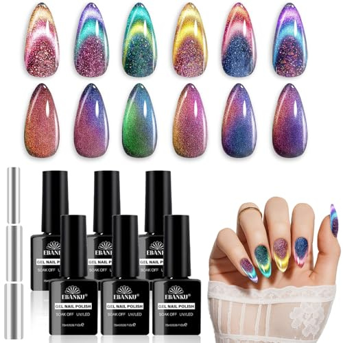 EBANKU Cat Eye Glitter Gel Nagellack Set, 6 Färger Kameleont Magnetisk Gellack Soak Off UV LED Lampa Nagelkonst Salong DIY för Kvinnor