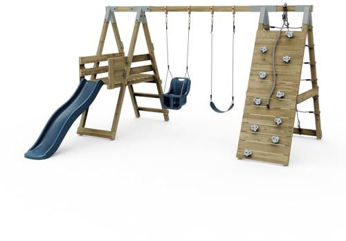PolarPlay Premium Double Swing Set with Climbing Wall and Slide - Navy Blue with Baby Seat | Climbing Wall | Stable Construction | Premium Welded Brackets & Pressure Treated Timber |