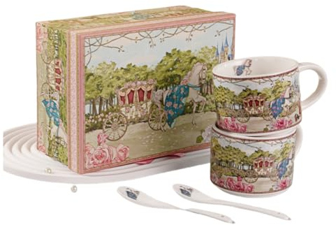 ROSSRORE Ceramic Coffee Cup Mug - Strengthened Bone China Teacup & Saucer Sets, London Floral Wedding Carriage Theme, Luxurious & Elegant Gift Box Packaging (Double Espresso Cup Sets) 280ML