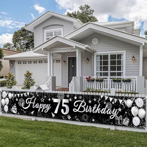 PartyYaa 75. Geburtstag Banner, 75. Geburtstagsbanner Deko, Extra Großes Happy Birthday Banner Party Fotoautomaten Hintergrund Deko Schild Poster für Männer und Frauen (Silber Schwarz)