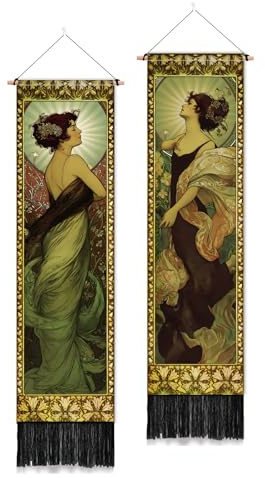 PLIGREAT 2 Pack Mucha Figures Wall Tapestry Vintage Vertical Wall Hanging with Tassels Decorative Aesthetic Long Tapestry for Bedroom Living Room Home Decorations, 130 x 33cm