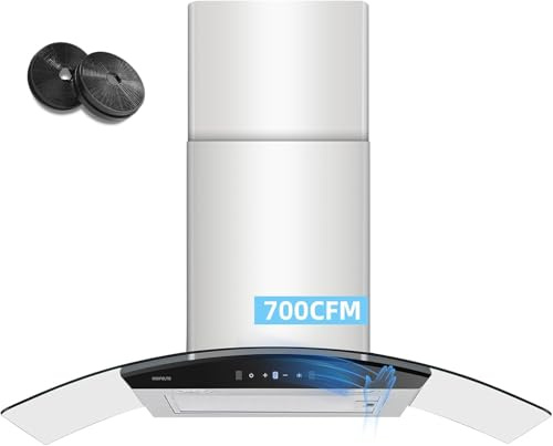 Wall Mount Range Hood 36 Inch 700 CFM Tempered Glass with Ducted Vent Hood, 3-Speed Exhaust Fan, Stainless Steel Filters, Gesture Sensing & Touch Control Switch Black Panel and 2 LED Lights