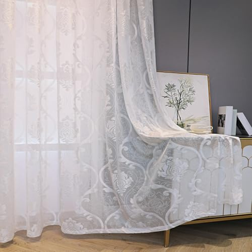 Vintage Vorhang Halbtransparent Ösen 3D Tufted Barock Gardinen Wohnzimmer | Weiß Gardinen Transparent Lichtdurchlässig Ösenvorhang Ösenschal für Schlafzimmer 2er Set 140x225