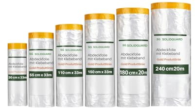 SOLIDGUARD Abdeckfolie mit Klebeband für Innen und Außen | Malerfolie zum Fenster Abkleben (5 Rollen 210cm x 20m) | Selbstklebende Malerfolie mit Washi Goldband Technologie