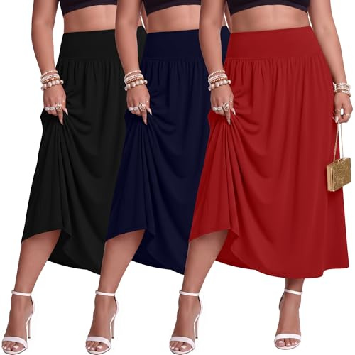 Ficerd Pack de 3 Faldas Largas Maxi Tallas Grandes para Mujeres Curvas Corte en A Cintura Alta Faldas de Verano con Bolsillos