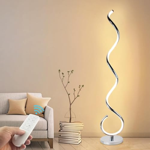 Lampada da terra moderna a spirale a LED da 40 W dimmerabile con telecomando, lampada da terra alta con temperatura di colore e luminosità regolabili, lampada da lettura angolare argentata per soggi