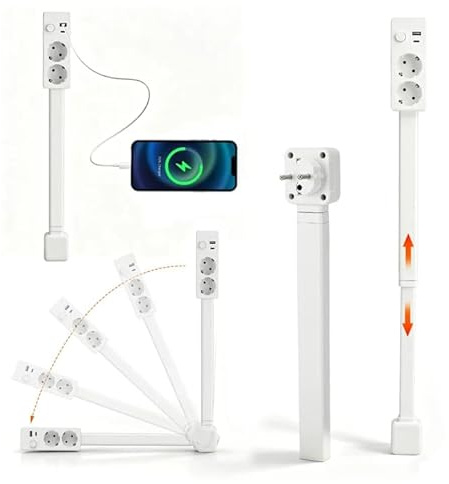 Steckdosen Verlängerung mit Ausziehbarer (49-71cm), 360° Schwenkbar Erweiterbare steckdosenleiste Ausziehbar, 2-Fach Steckdose, 1 USB-A 1 USB-C für schwer erreichbare Steckdose (1)