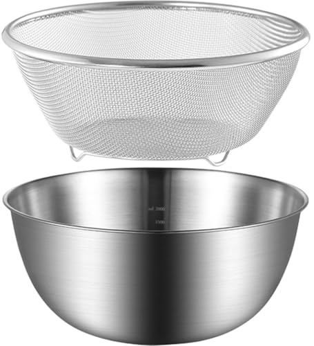 LOPUNER Colador de Acero Inoxidable 2 Piezas 24 Cm, Cesta y Cuenco para Escurrir Frutas, Verduras y Lavar Arroz, Colador de Malla Fina Multiuso para Cocina y Encimera