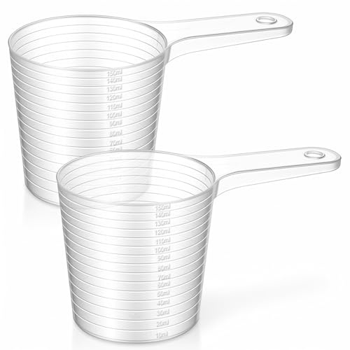 Lot de 2 petits gobelets doseurs en plastique - 150 ml - Transparent - Avec graduation - Pour lessive, cuisine, laboratoire, cuisine