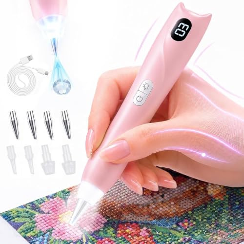Zoyomax Diamond Painting Stift Elektrisch mit Licht & 8 Austauschbaren Spitzen, Zubehör für Diamant Painting Erwachsene Kabellos mit Digitalanzeige, Wiederaufladbarer Vakuum Diamant Kunststift | Wiederaufladbarer Vakuum-Diamant-Kunststift, 8 austauschbare Spitzen, kabellos mit Digitalanzeige