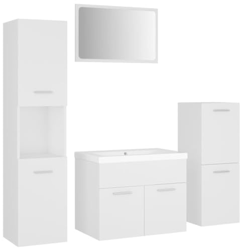 QJBSAVVA 5-Teiliges Badmöbel-Set Weiß - Badezimmer Möbelset mit Keramik-Waschbecken, Spiegel, Hochschrank, Midischrank und Waschbeckenunterschrank - Modernes Design aus Holzwerkstoff für das Bad