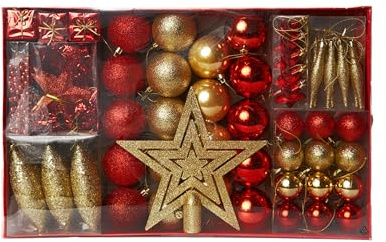 Heitmann DECO Kit de décoration pour l'arbre de Noël, Or et Rouge, 60 pièces, avec Une Pointe de Sapin, des Boules, Une chaîne de Perles, Une Guirlande et des étoiles, du Plastique