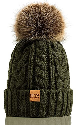 REDESS Wintermütze für Damen, mit Bommel, warmes Fleecefutter, dick, lässig, gestrickt, Skimütze