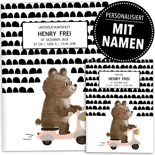 OLGS U-Heft Hüllen Set Super Strange Untersuchungsheft Hülle & Impfpasshülle schöne Geschenkidee personalisierbar mit Namen und Geburtsdatum (U-Heft Hüllen Set personalisiert, Bär)