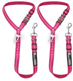 Dog Seat Belt Harness for Car - 2-in-1 Leash and Restraint Secures to Headrest. Adjustable Bungee, Strong, Durable, 360 Degree Swivel Attach Won't Twist, Reflective, Easy to Use (Pink)