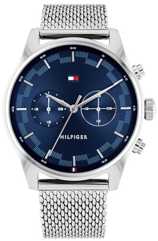 Tommy Hilfiger Multi Zifferblatt Quarz Uhr für Herren mit Silbernes Edelstahl-Mesh-Gliederarmband - 1710420