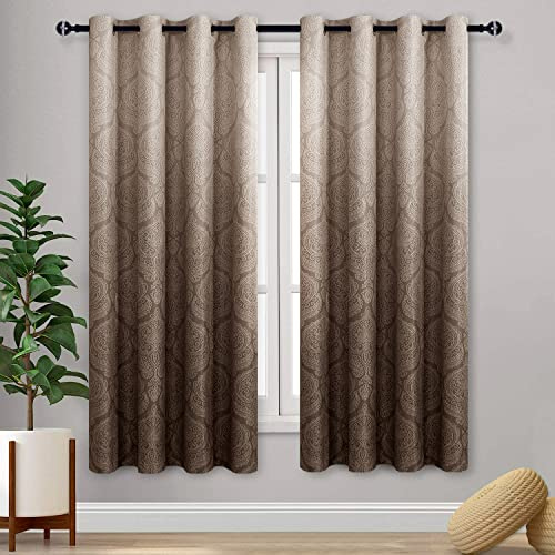 DWCN Ombre Blackout Curtains for Living Room - Thermal Insulated Block Light Energy Saving Privacy Gradient Damask Grommet Window Curtains for Bedroom, Set of 2 Panels, 52 x 63 Inch Length, Brown