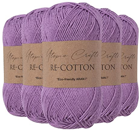 Utopia Crafts Re-Cotton Knitting Yarn, 5x 100g (Viola Purple)