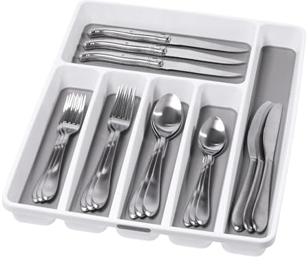madesmart Antimicrobial Classic Large Silverware Tray Soft Grip, Non-Slip Kitchen Drawer, 6 Compartments, Multi-Purpose Home Organization, EPA Certified, White