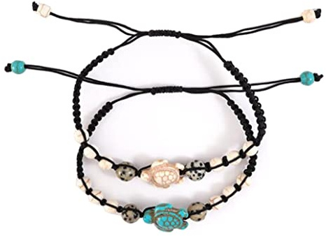 VNEWSCHI 2Pcs Sea Turtle Beads Bracelets For Women Men Classic Retro Boho Turquoise Adjustable Handmade Bead Bracelet with Card Beach Jewelry Gifts